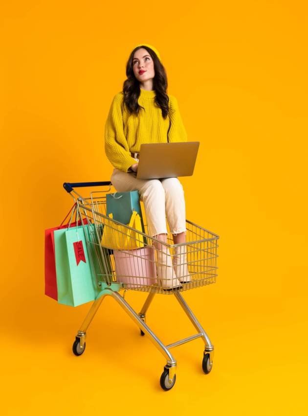 White woman using laptop while sitting in shopping cart isolated over yellow background